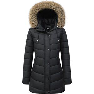 Long Winter Black Puffer Coat Warm Jacket Waterproof Hooded Parka